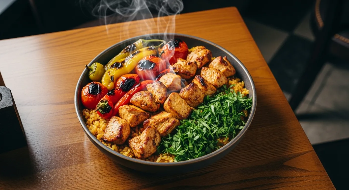 Chicken Shish Bowl with saffron rice and peppers