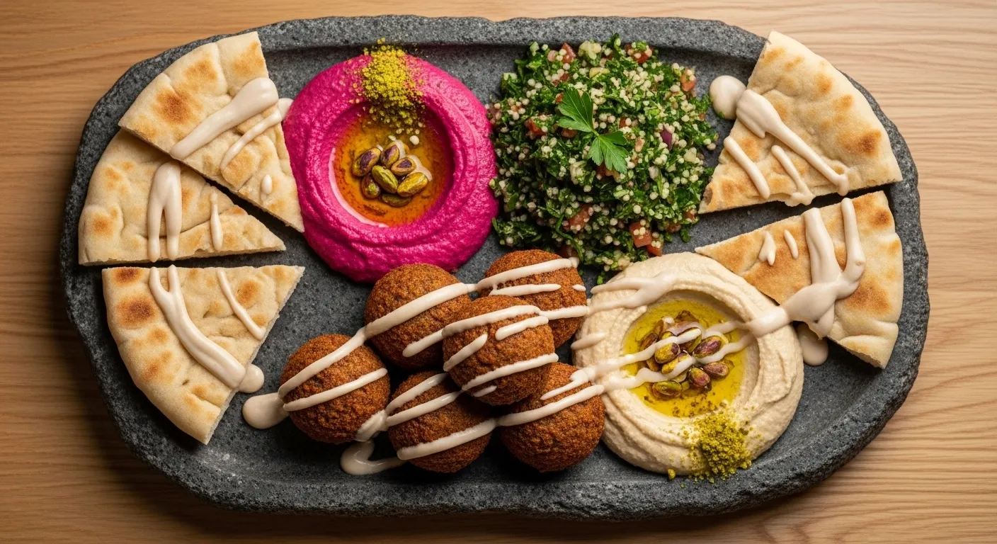 Falafel Mezze with beet hummus and tabbouleh